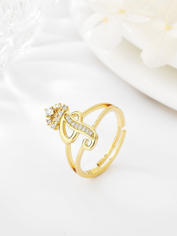 26 Letters Optional Crown Diamond-Encrusted Ring - Women's Light Luxury Personalized Letter Accessory