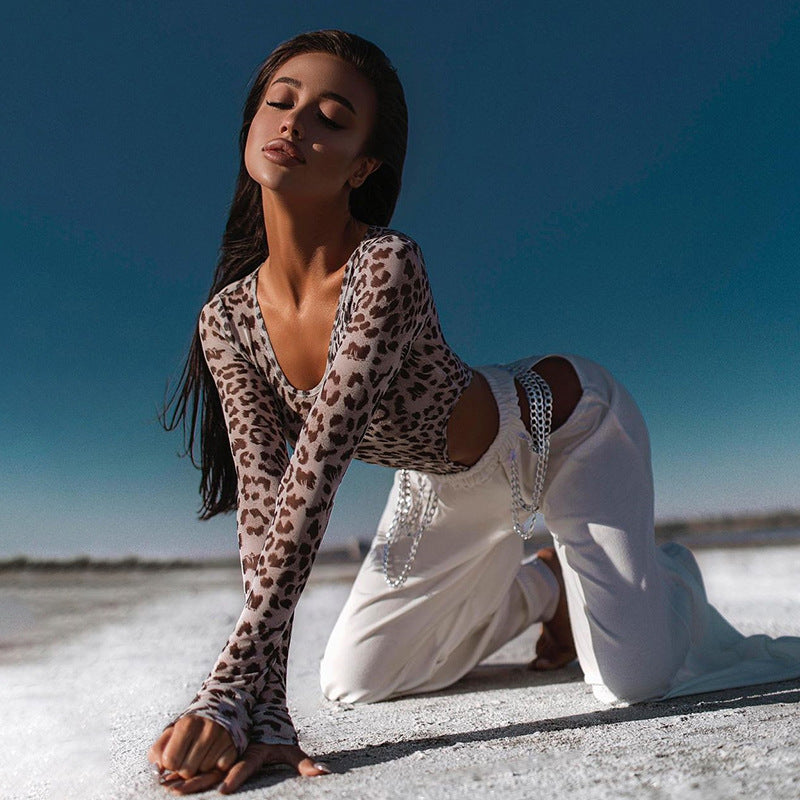 Leopard Print Cutout Long Sleeve Bodysuit