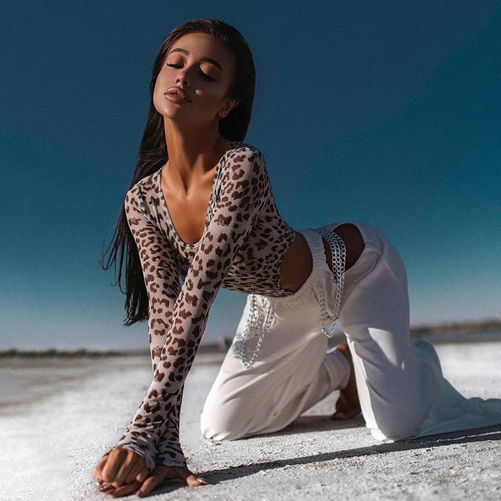 Leopard Print Cutout Long Sleeve Bodysuit