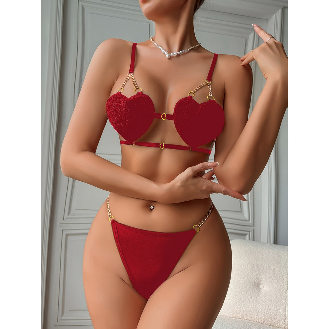 Velvet Heart Chain Strappy Bra & Thong Set