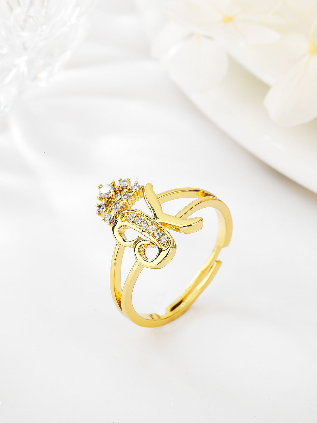 26 Letters Optional Crown Diamond-Encrusted Ring - Women's Light Luxury Personalized Letter Accessory