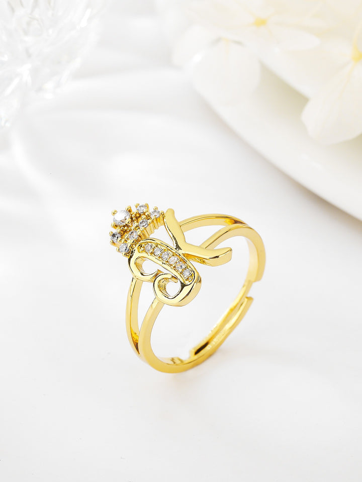 26 Letters Optional Crown Diamond-Encrusted Ring - Women's Light Luxury Personalized Letter Accessory