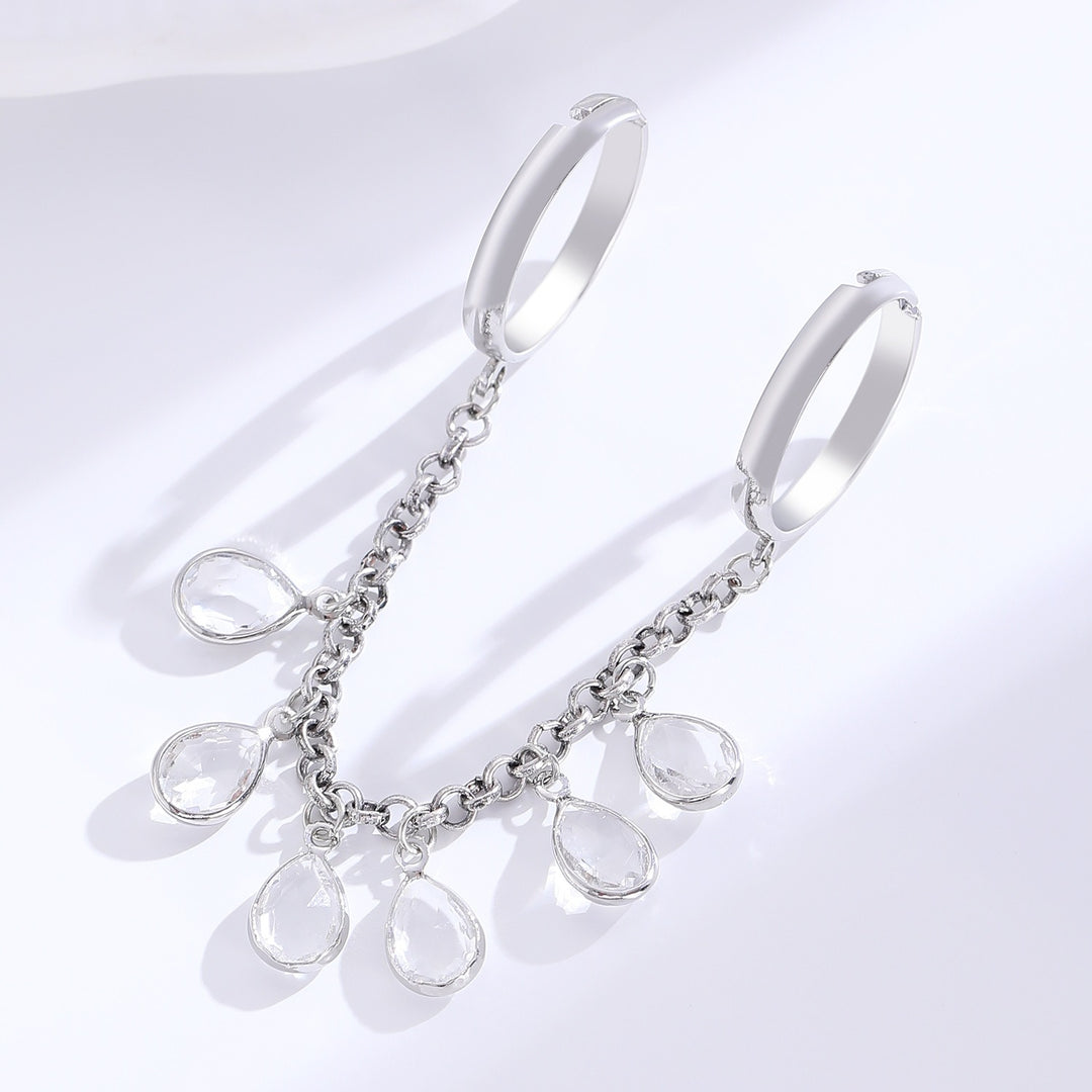 18K Gold Dual-Finger Chain Teardrop Crystal Linked Ring