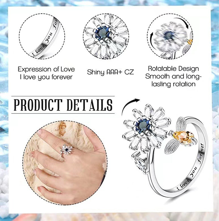S925 Silver Diamond-Paved Romantic Engraved Band Rotatable Flower & Bee Dual-Color Ring