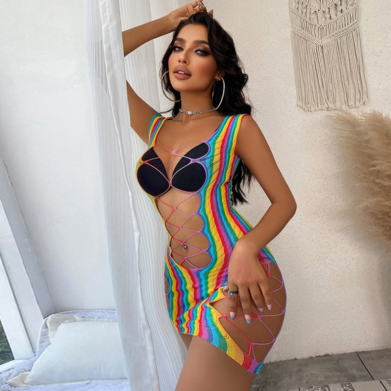 Rainbow Cage Net Mini Dress Bodysuit