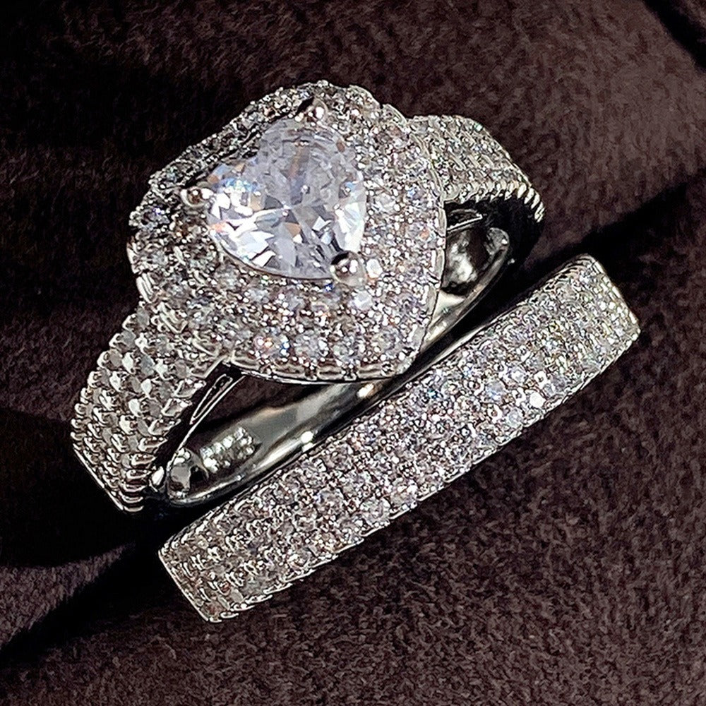Heart Diamond Luxury S925 Sterling Silver Paved Heart Ring Set