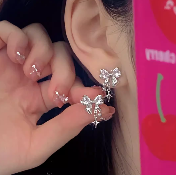 Silver Bowknot Star Pendant Earrings