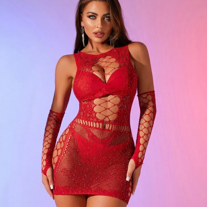 Sparkle Rhinestone Fishnet Cutout Mini Dress Set