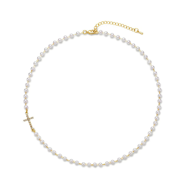 Pearl Cross Necklace (Plain Gold/Diamond-Inlaid Version)