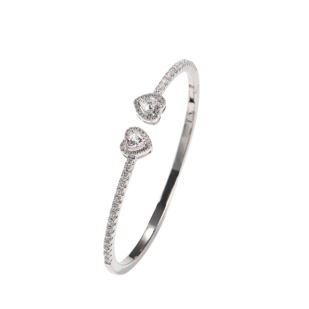 Double Heart Diamond-Inlaid Bangle (Gold/Silver Version)