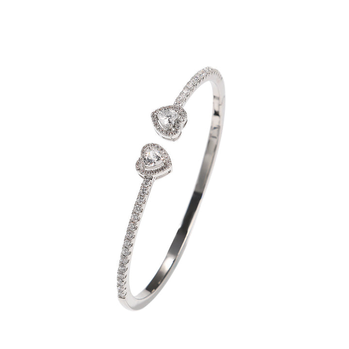 Double Heart Diamond-Inlaid Bangle (Gold/Silver Version)