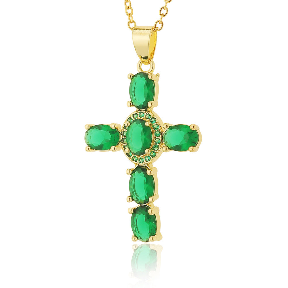 Gold-Plated Imitation Diamond Religious Pendant Luxurious Colored Gem Cross Necklace