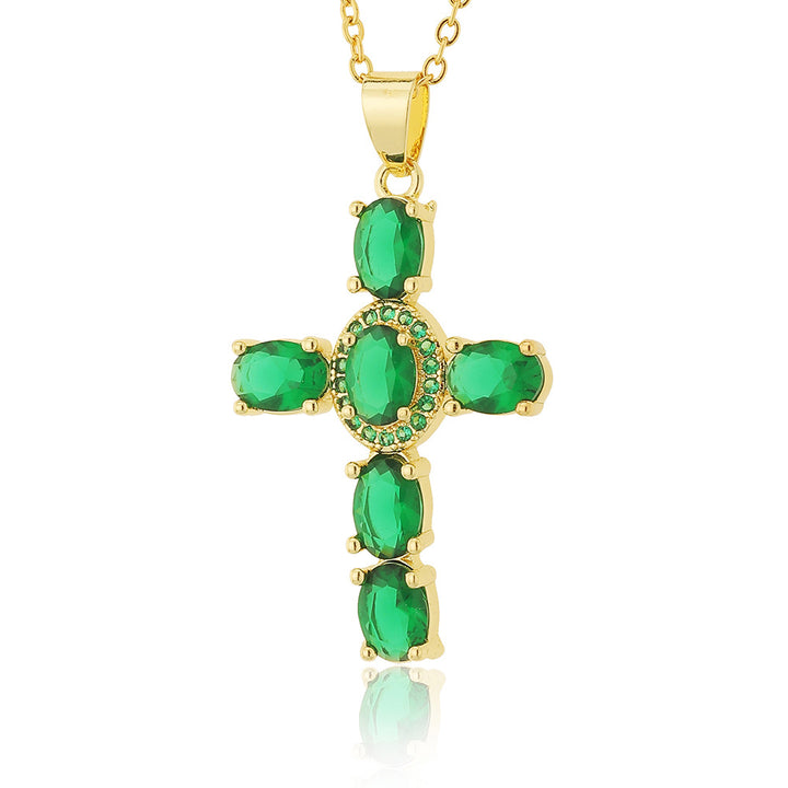 Gold-Plated Imitation Diamond Religious Pendant Luxurious Colored Gem Cross Necklace