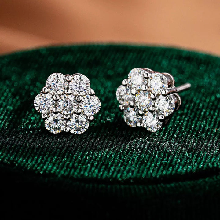 Classic Floral Moissanite Stud Earrings | D Color VVS1 | 18K Gold / Platinum Plated | Timeless Luxury