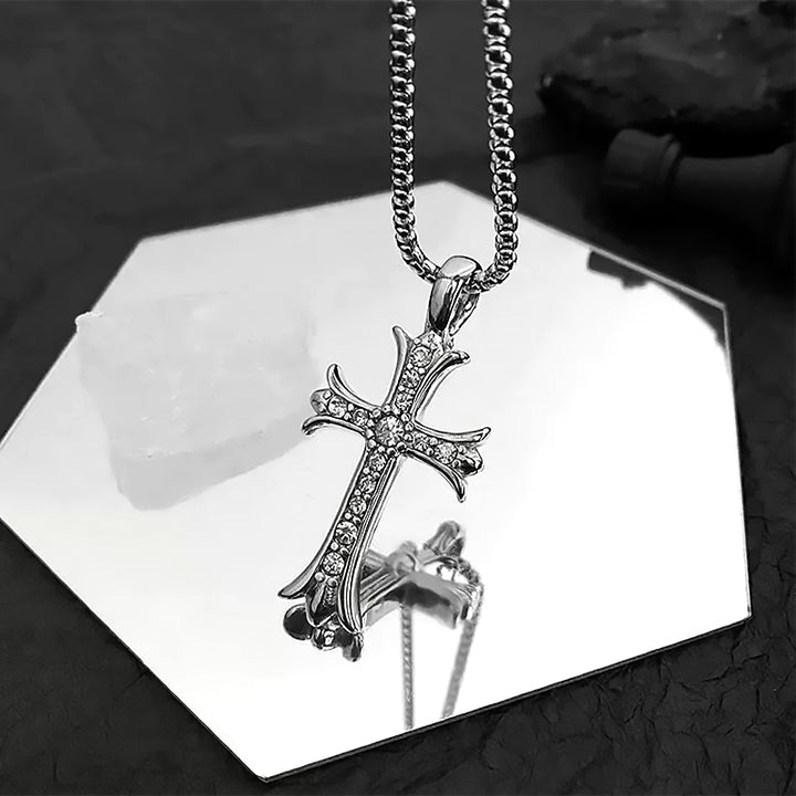 Silver diamond studded cross pendant necklace