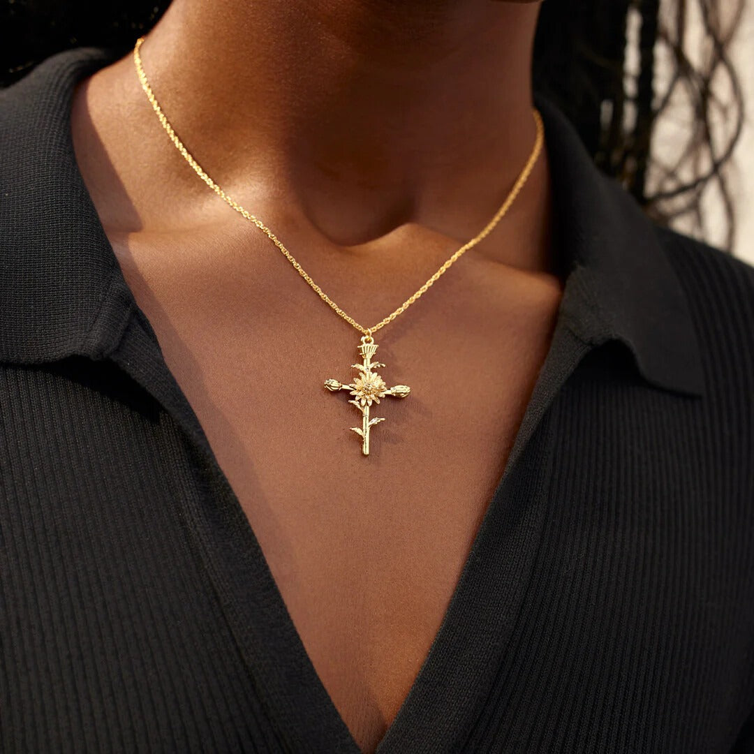 12-Month Birth Flower Cross Necklace 18K Gold-Plated Embossed Floral Pendant Light Luxury Memorial Choker