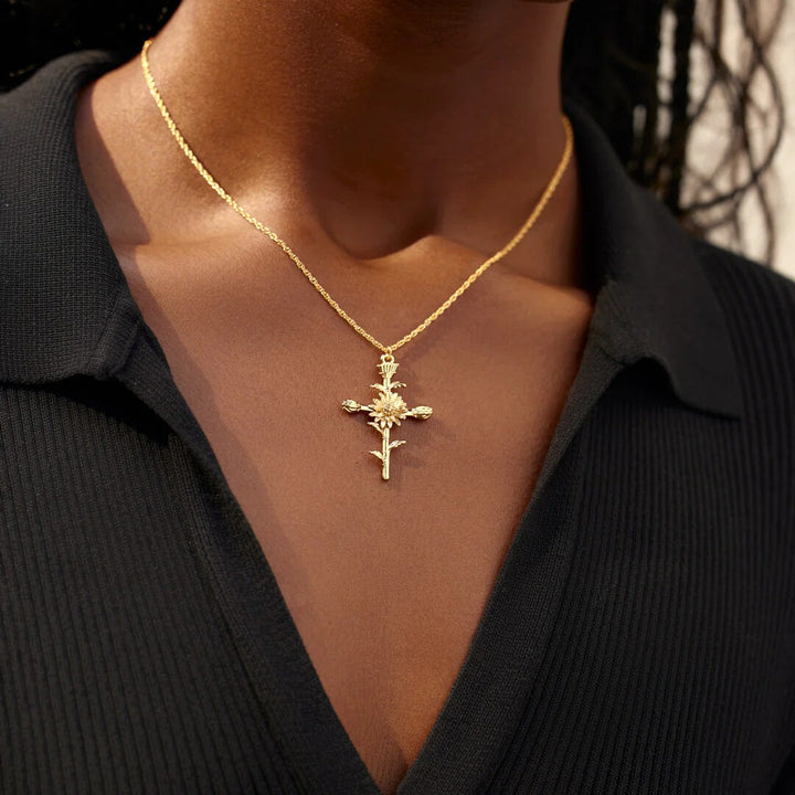 12-Month Birth Flower Cross Necklace 18K Gold-Plated Embossed Floral Pendant Light Luxury Memorial Choker
