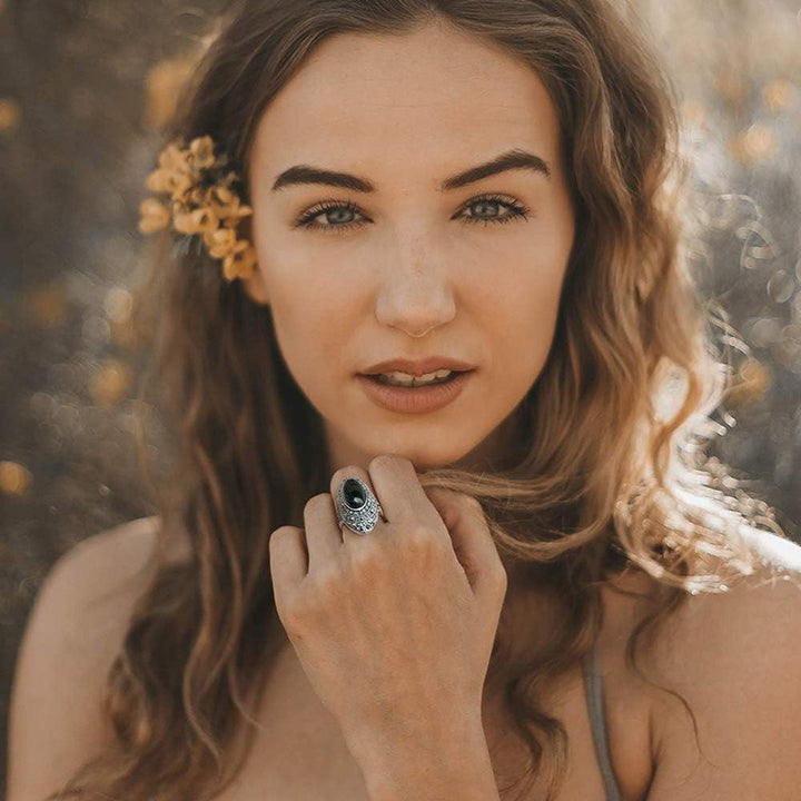 Black Onyx Silver Diamond Ring