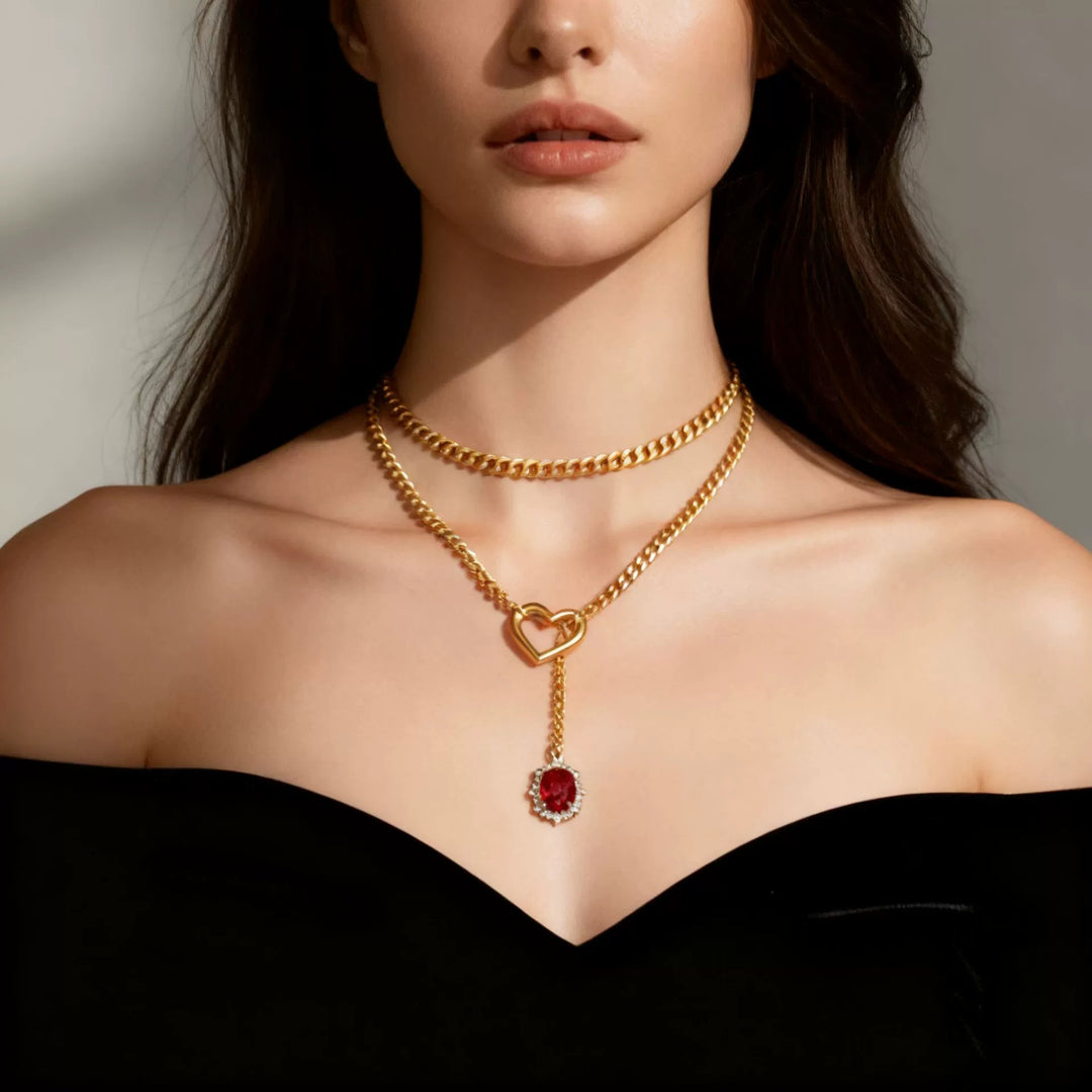 Vintage Light Luxury Curb Chain Layered Necklace Gem Pendant Heart Clasp Choker