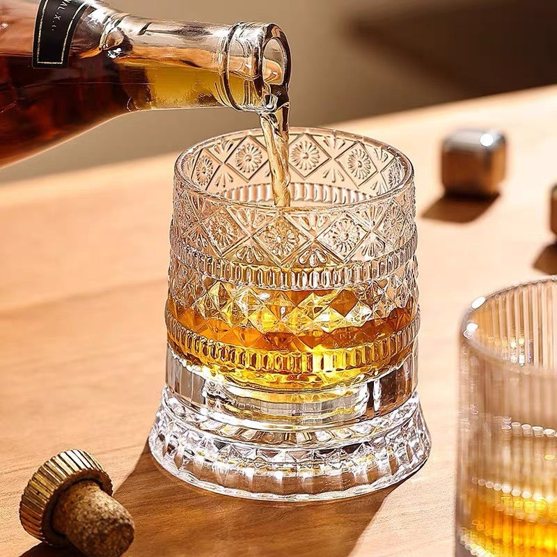 360° Rotating Crystal Whiskey Glass | Cold-Cut Crystal · Stainless Steel Spinning Base