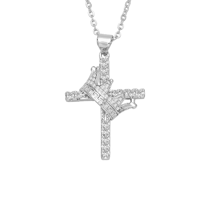 Diamond-Inlaid Crown Cross Necklace
