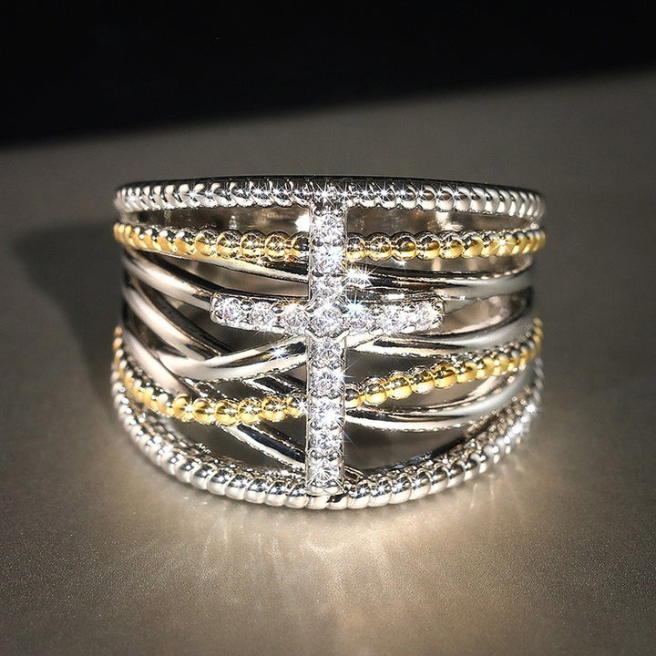 Two-Tone Interwoven Cross Ring | Silver & Gold Layered Design