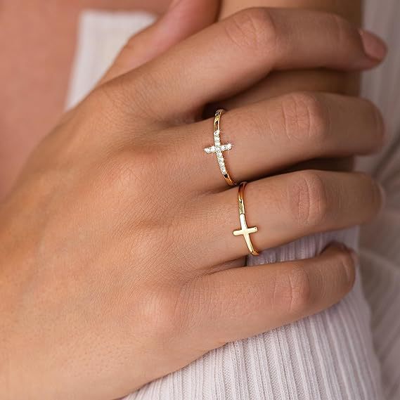 Gold Cross Ring Set - Plain & Diamond-Encrusted Religious Rings for Women, Minimalist Faith Jewelry