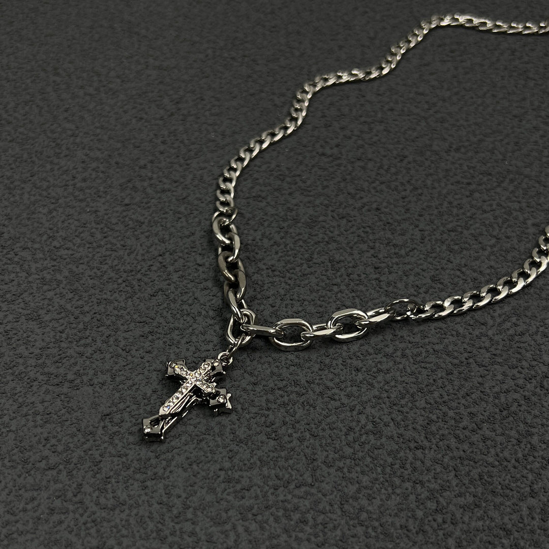 Vintage cross set diamond thick chain necklace