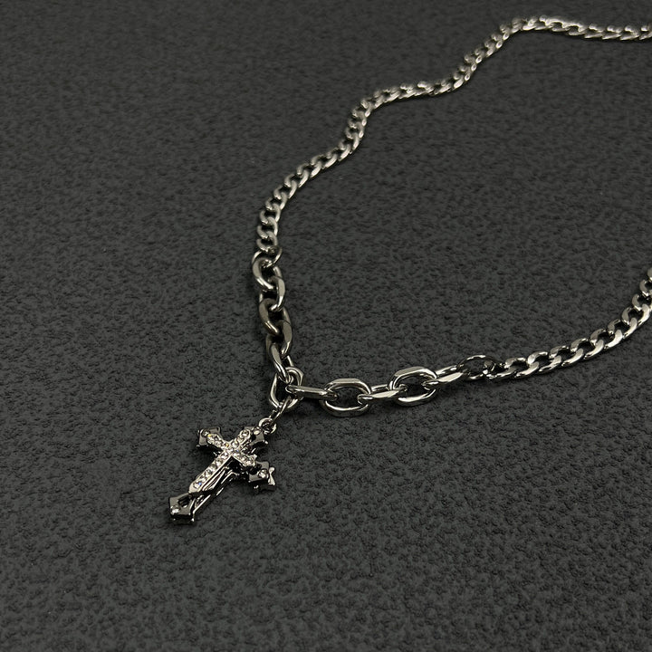 Vintage cross set diamond thick chain necklace