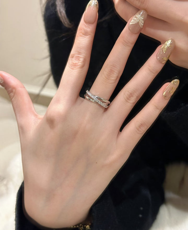 Stackable Double-Band 18K Gold Pavé Diamond Open Ring