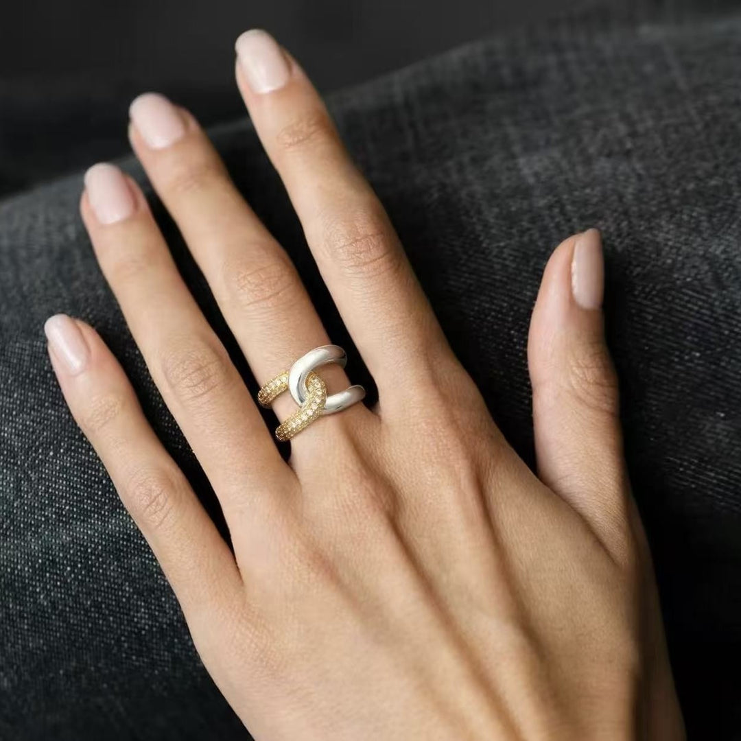 Intertwined Starburst Sterling Silver Diamond Double-Band Ring｜Two-Tone Texture for Daily Elegance