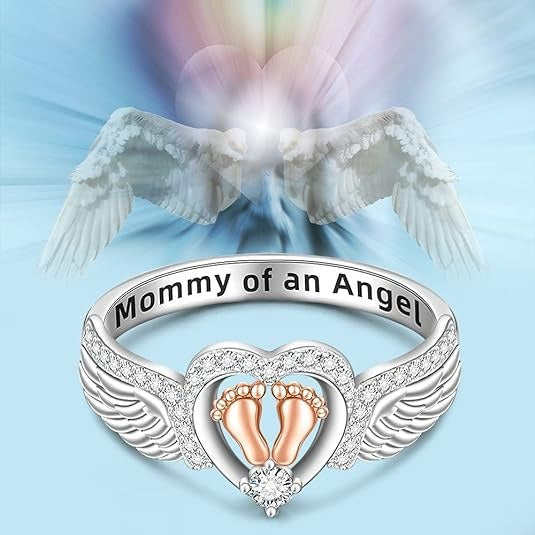 "Mommy of an Angel" Heart Footprint Wing Ring - Women's Memorial Light Luxury Diamond-Encrusted Accessory