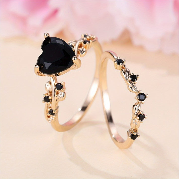 Multi-Color Heart Gemstone Vine Ring Set - Women's Light Luxury Romantic Diamond-Encrusted Accessory
