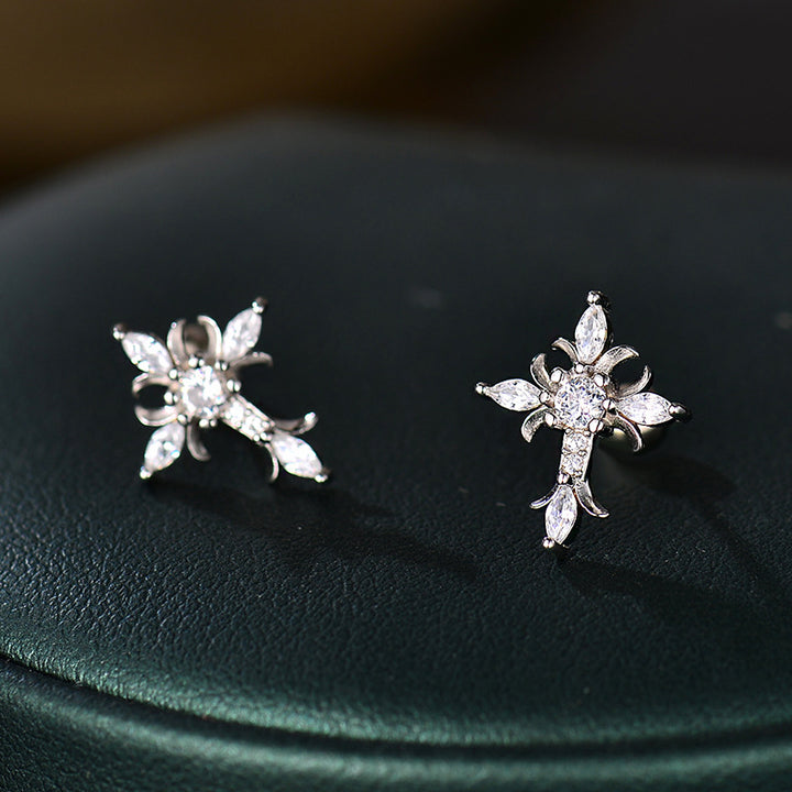 Silver Full-Diamond Cross Earrings