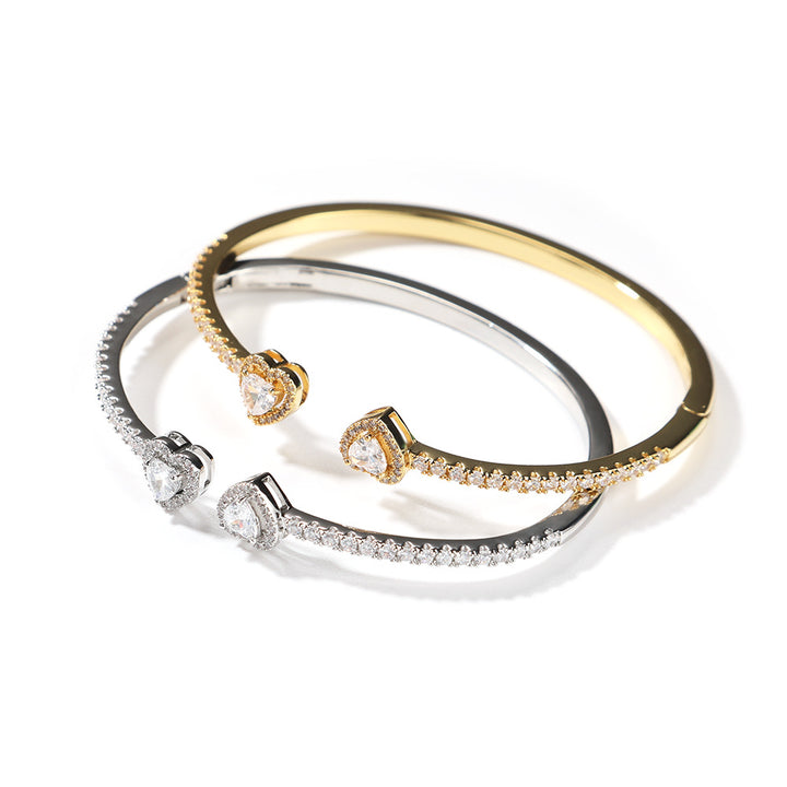 Double Heart Diamond-Inlaid Bangle (Gold/Silver Version)