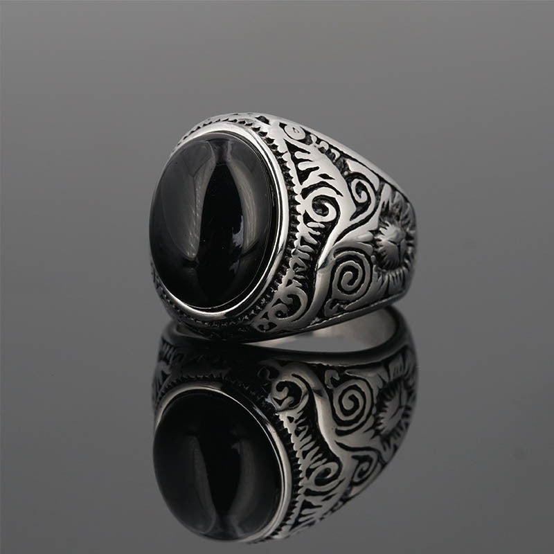 S925 Silver  Antiqued Niche Wide Vintage Carved Multi-Gemstone Ring