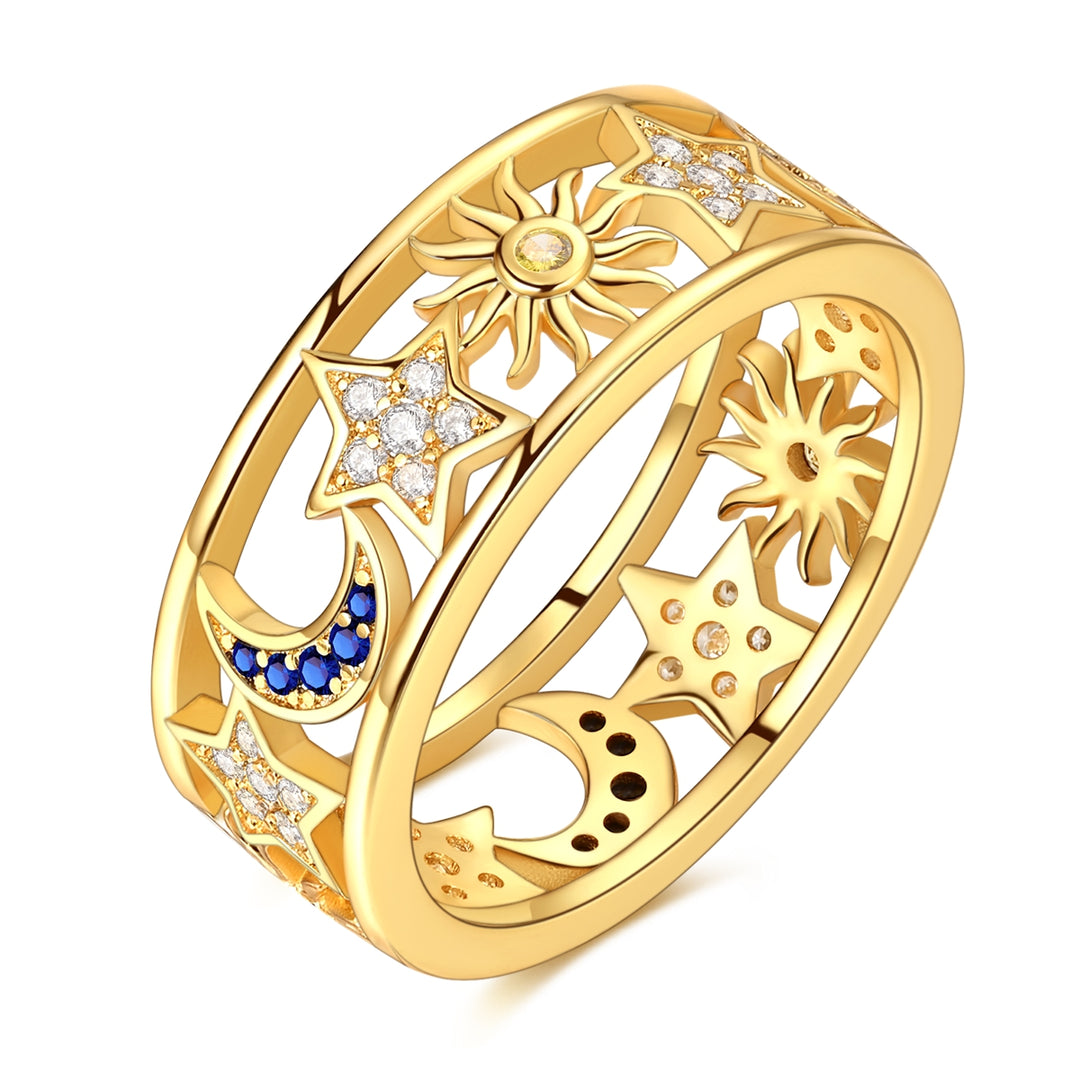 S925 Silver Dual-Color Double-Layer Hollow Moon & Star Diamond-Paved Ring
