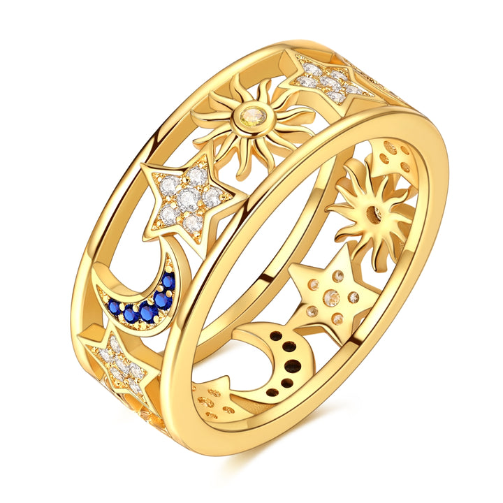 S925 Silver Dual-Color Double-Layer Hollow Moon & Star Diamond-Paved Ring