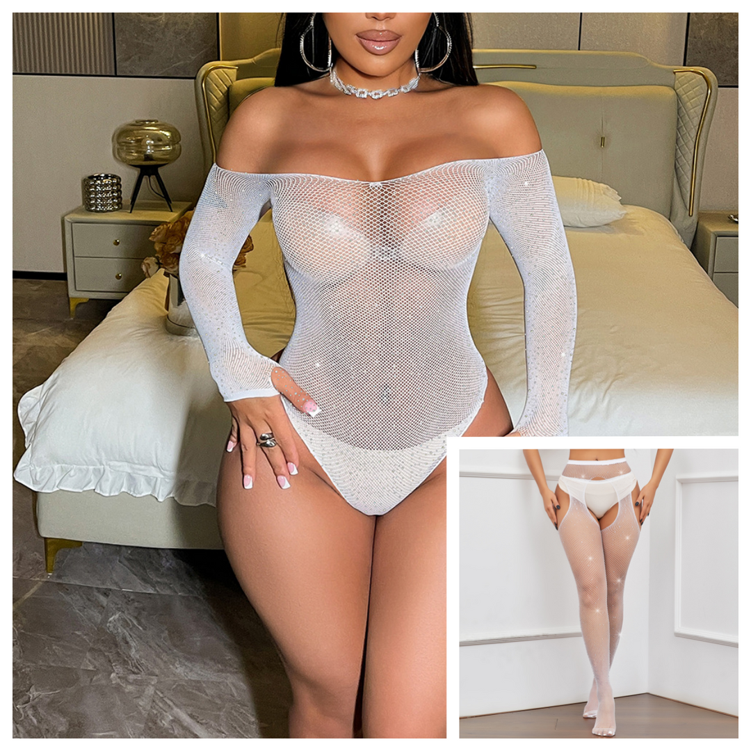 Sparkling Rhinestone Fishnet Bodysuit & Garter Stockings Set