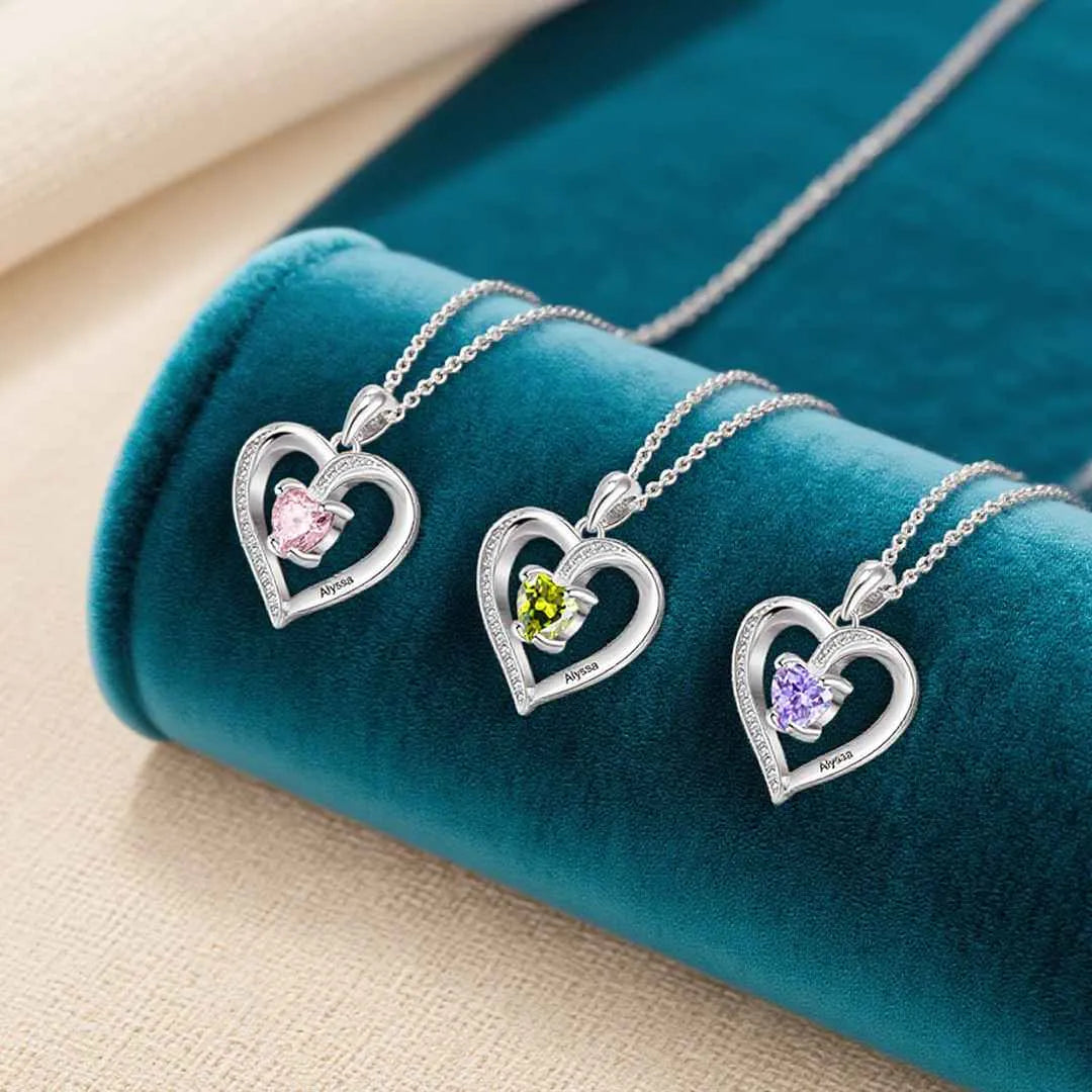 925 Sterling Silber Personalisierte Halskette mit 1 Name und 1 Geburtsstein