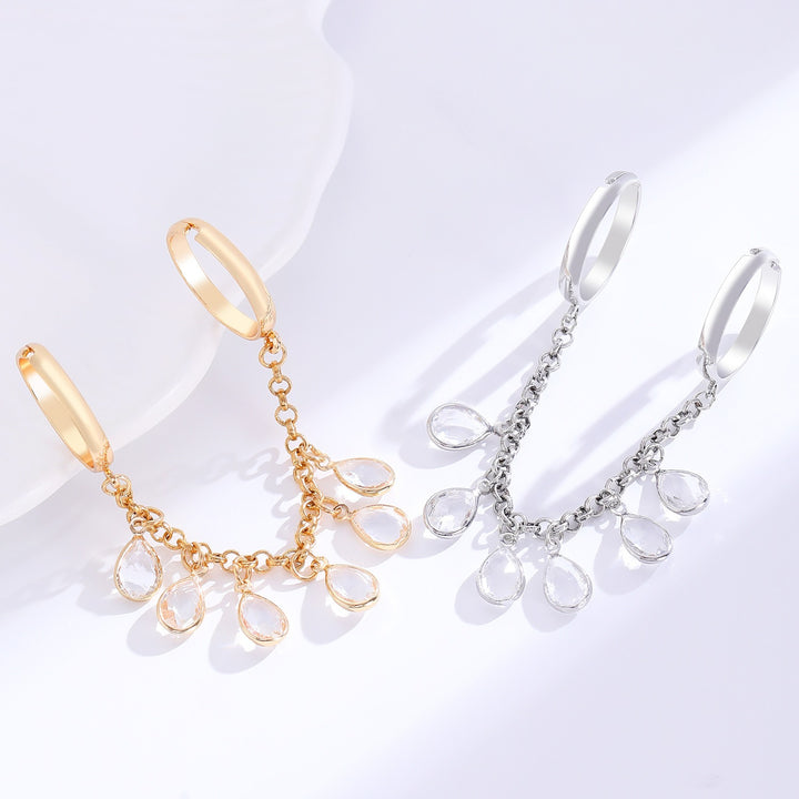 18K Gold Dual-Finger Chain Teardrop Crystal Linked Ring