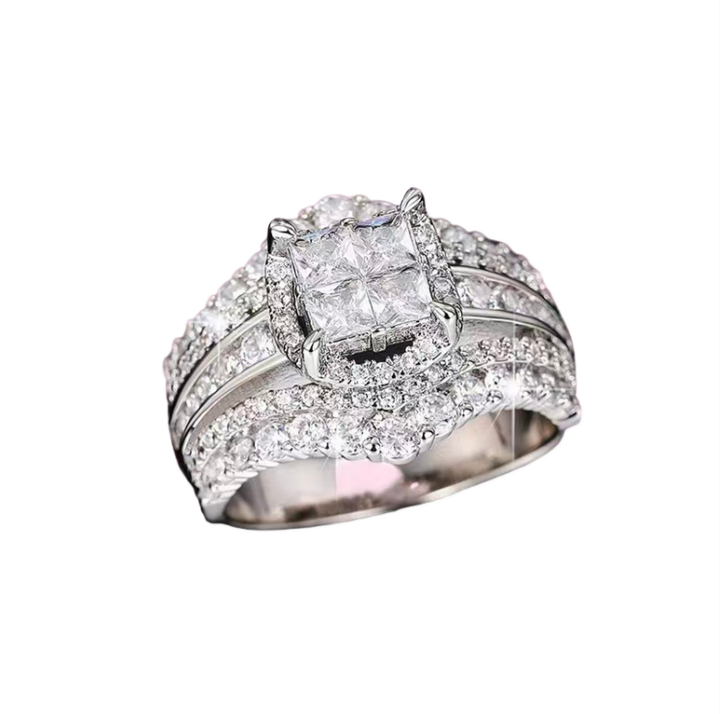 “Eternal Crown” Multi-Layer Pavé Square-Cut Statement Ring | Platinum Tone Finish