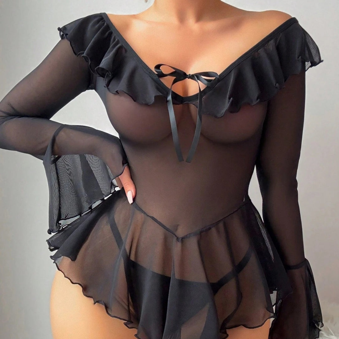 Off shoulder ruffled sheer bodysuit