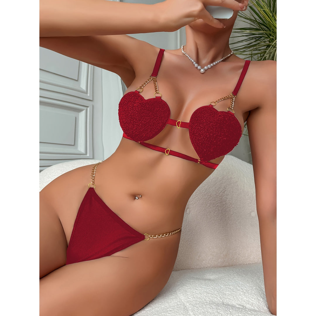 Velvet Heart Chain Strappy Bra & Thong Set