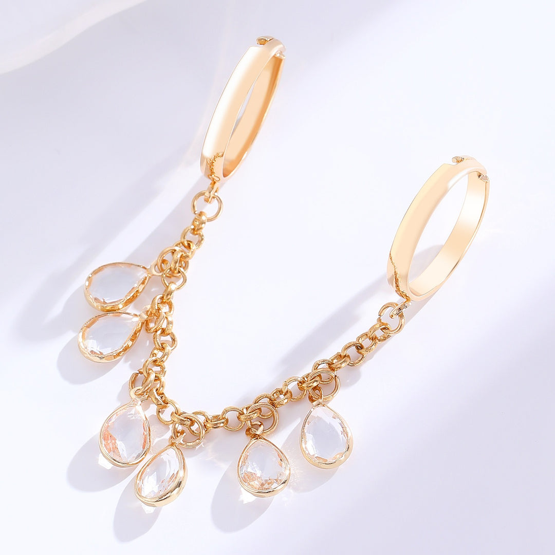 18K Gold Dual-Finger Chain Teardrop Crystal Linked Ring