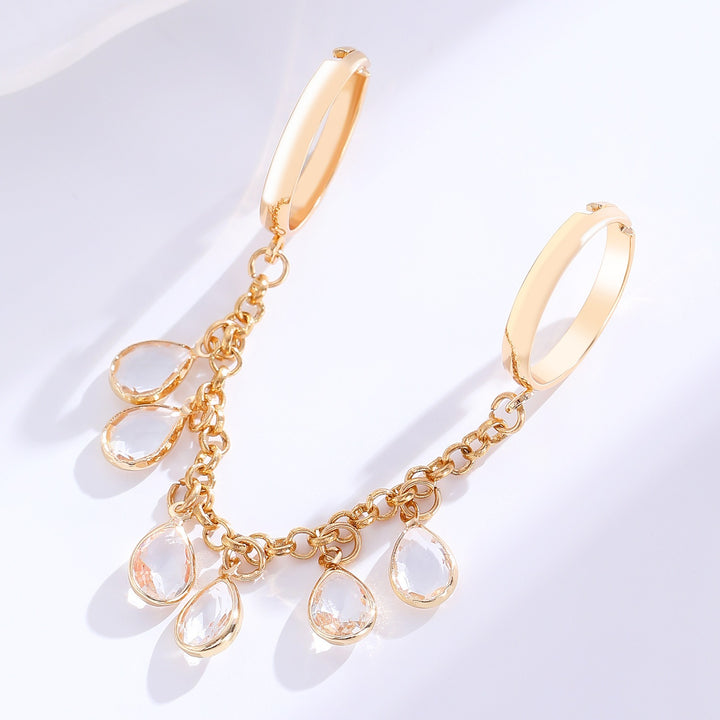 18K Gold Dual-Finger Chain Teardrop Crystal Linked Ring