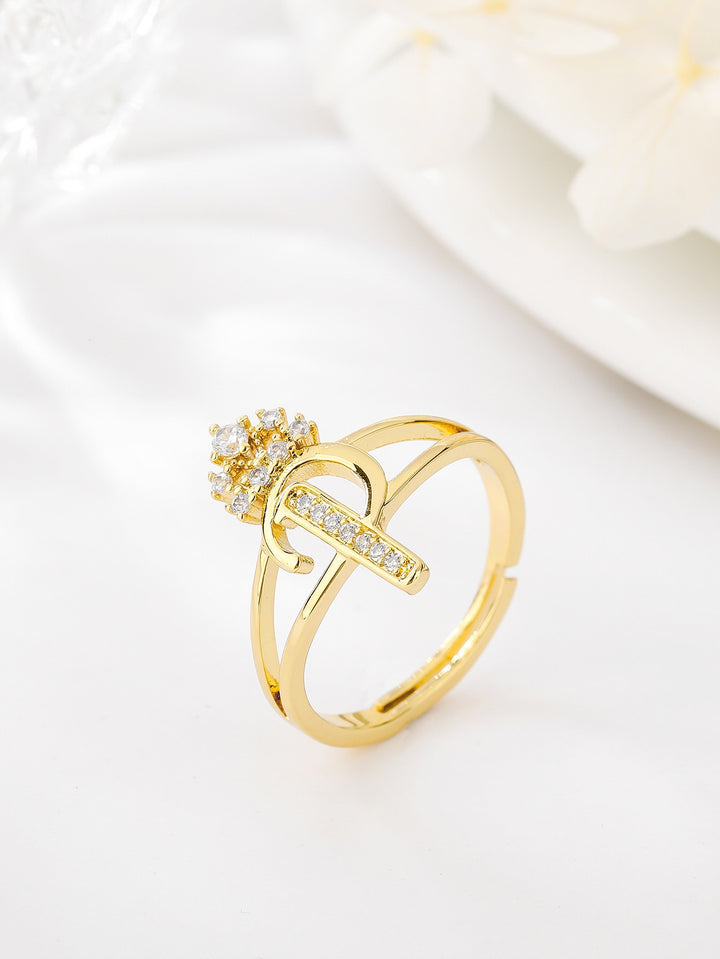 26 Letters Optional Crown Diamond-Encrusted Ring - Women's Light Luxury Personalized Letter Accessory