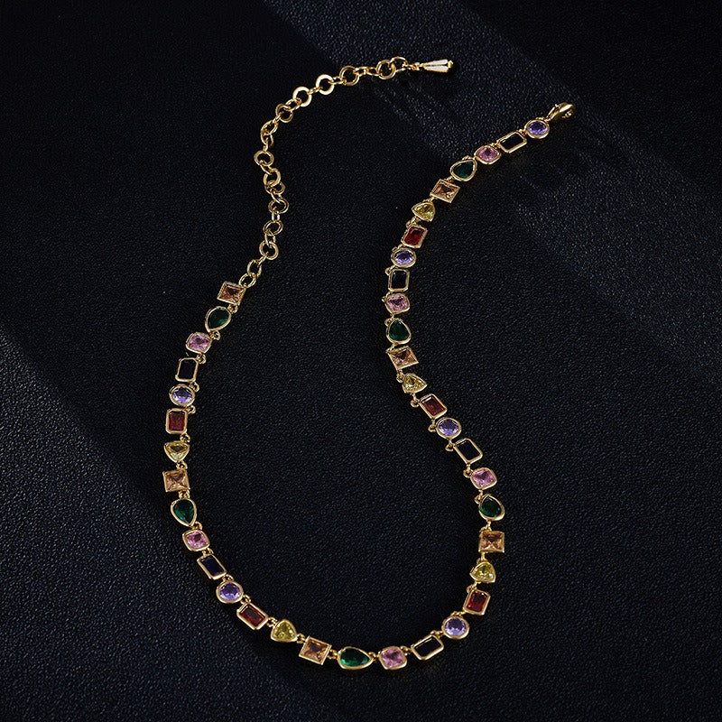 Light Luxury Multi-Color Gemstone Spliced Necklace - Gold Women's Luxurious Banquet Accessory