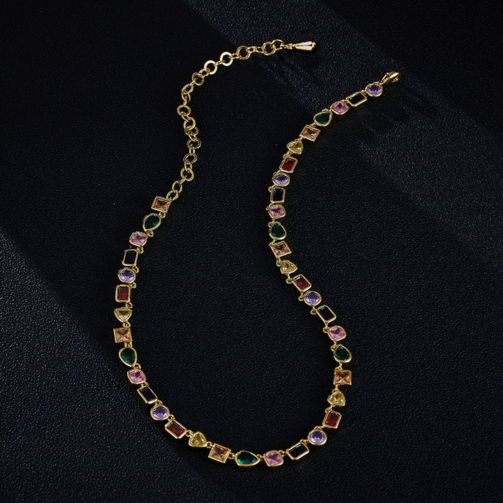 Light Luxury Multi-Color Gemstone Spliced Necklace - Gold Women's Luxurious Banquet Accessory