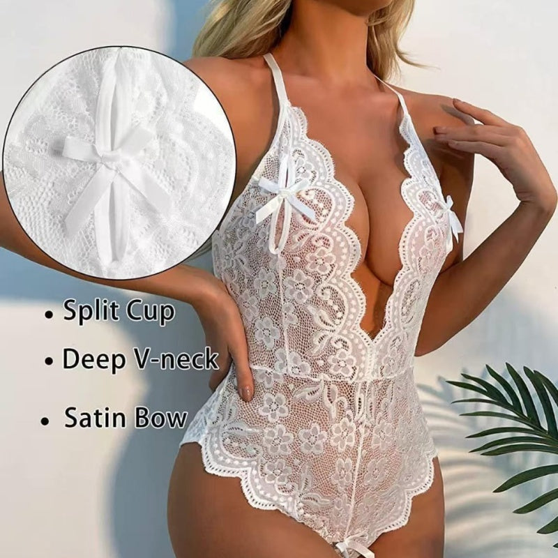 Deep-V Lace Teddy with Heart Ring